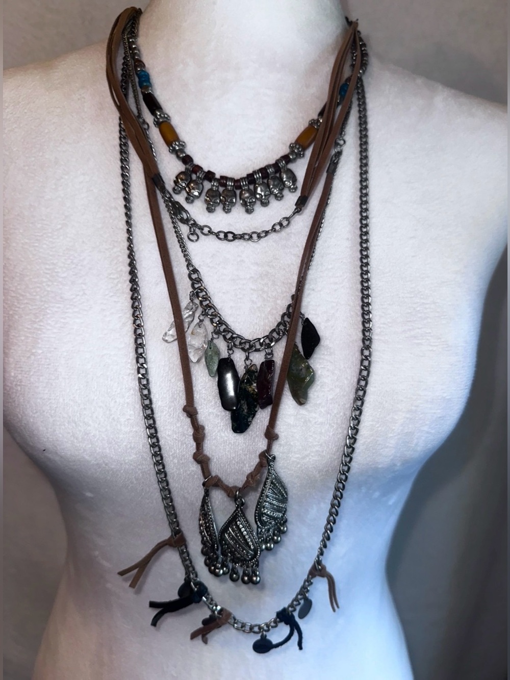 JC42 Layered Brown Leather & Bead Necklace with Unique Accents - length 19”